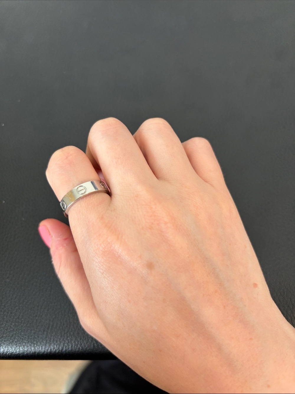 Polished Silver Band Ring with Screw Detail - Pink Accent